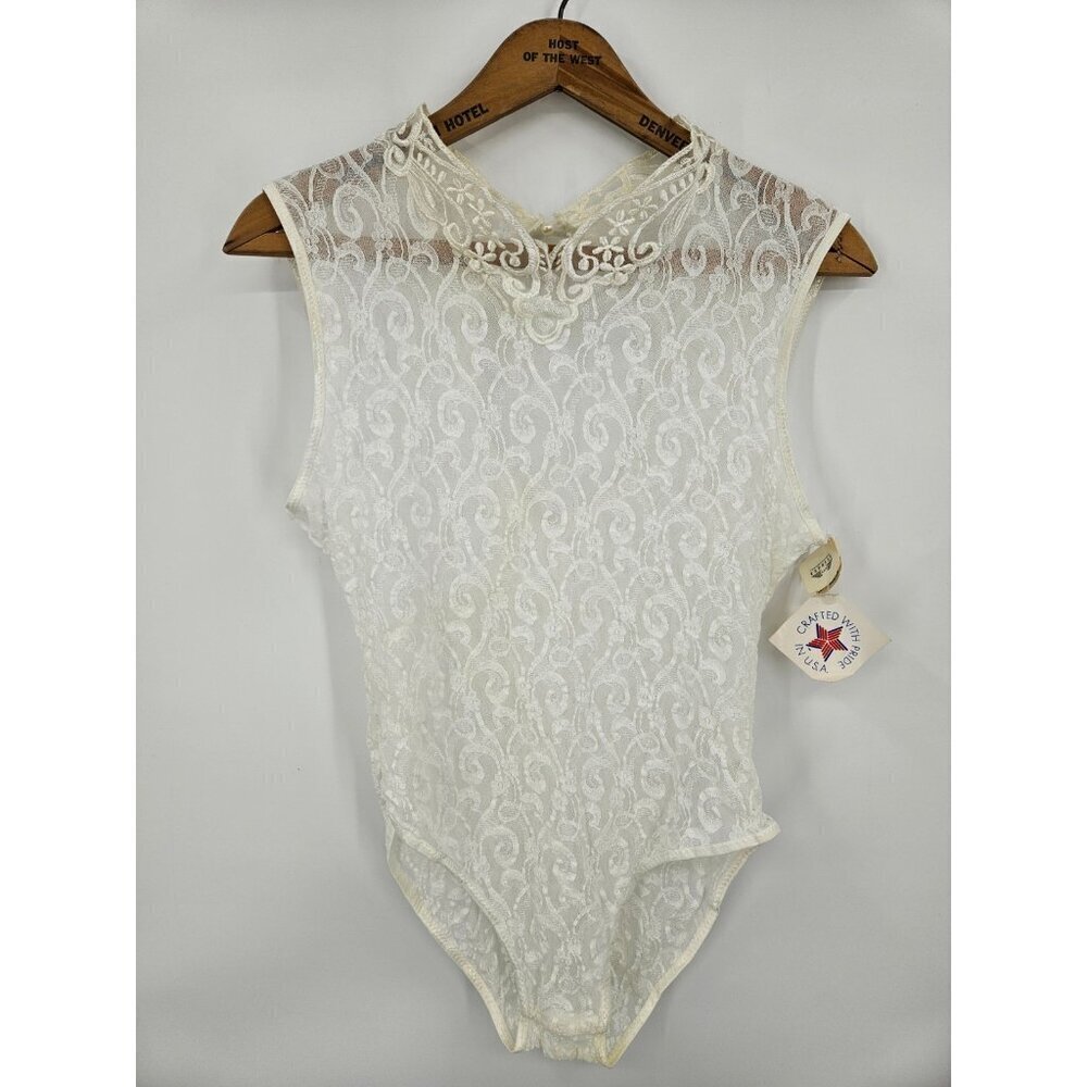New VTG Express White Lace Bodysuit Womens M Sleeveless Sheer 90s